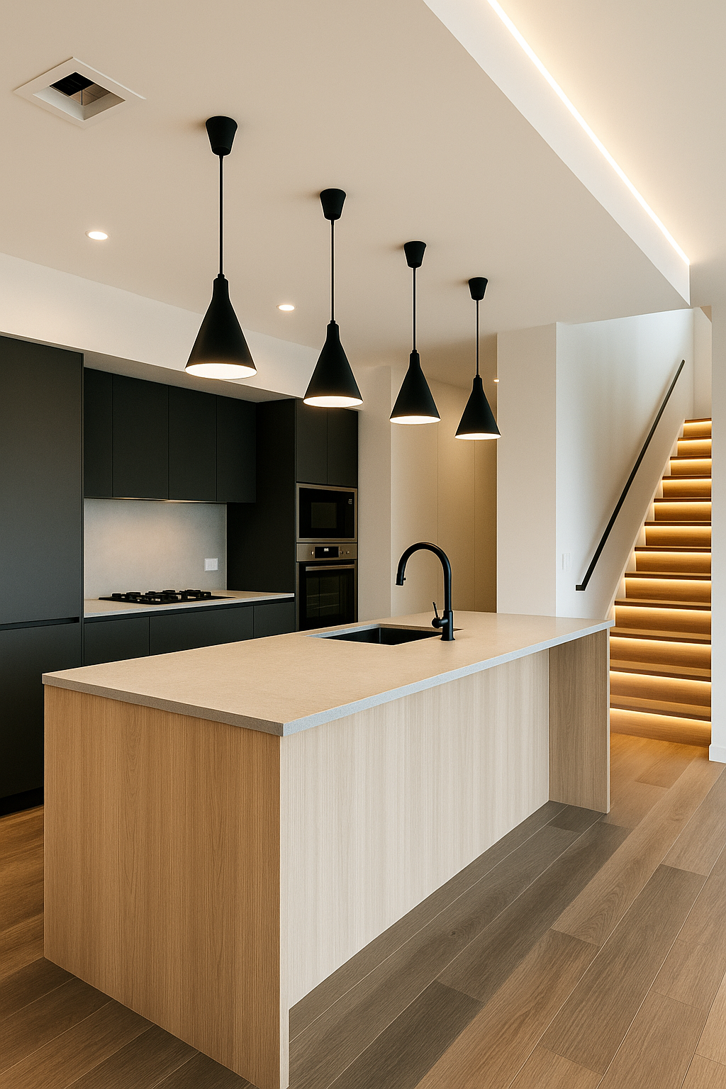Cuisine contemporaine avec îlot et escalier LED