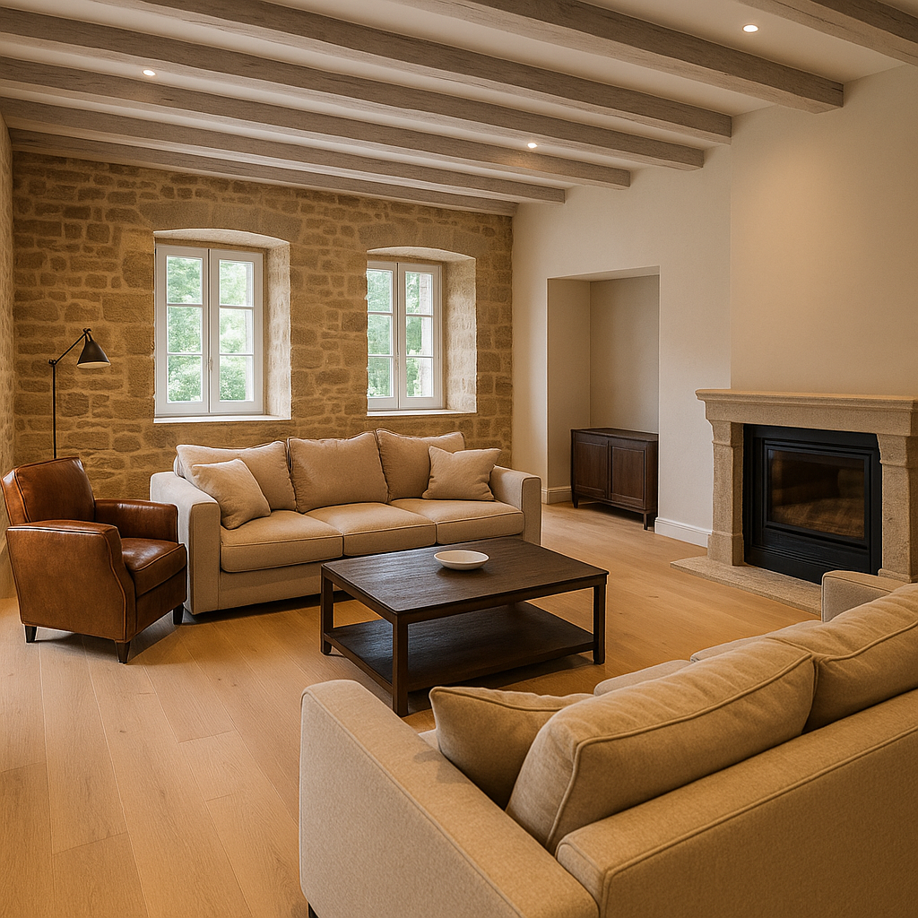Salon fini — pierres apparentes et plafonds